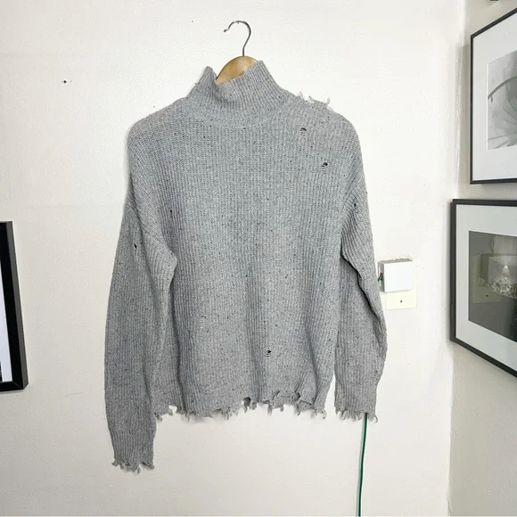 Zenana Gray Distressed Turtleneck Sweater XS Funfetti Speckled Cutout Cable Knit - Picture 2 of 9
